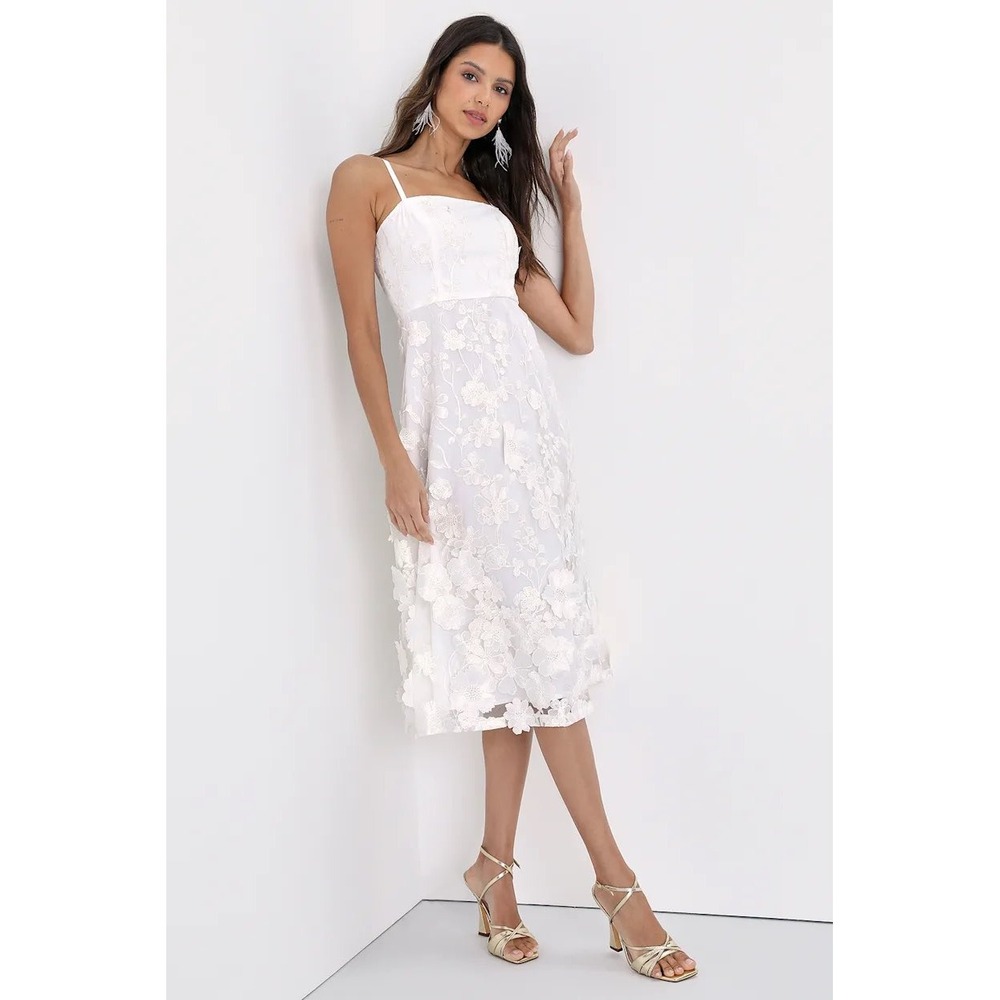 Lulus White 3D Floral Embroidered Midi Dress Square Neck Adjustable Straps XS